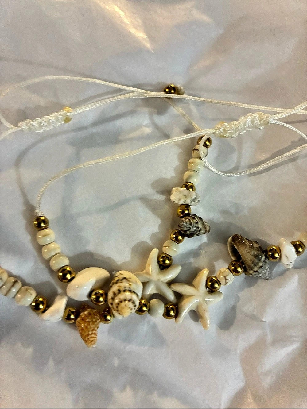 Shell Beaded Bracelet 55in White & Gold